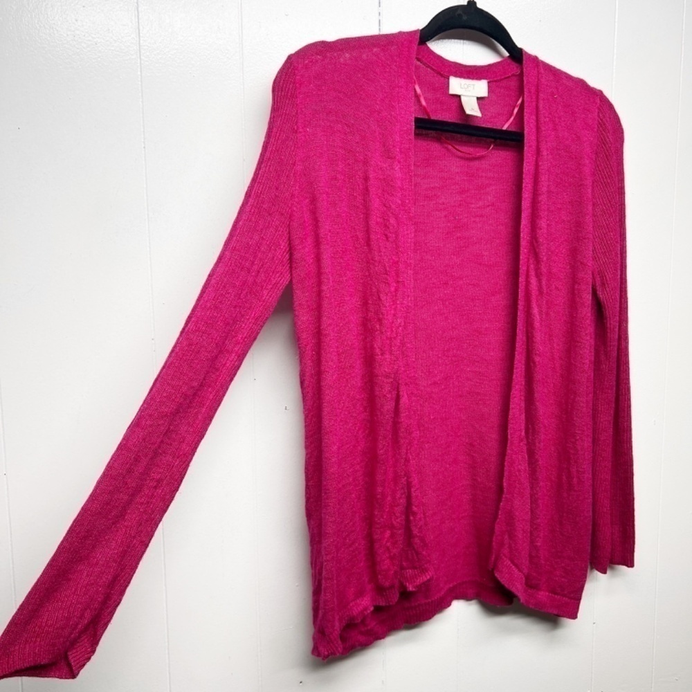LOFT Silk Ramie Blend Long Sleeve Open Front Women's Pink Cardigan Size Medium - Picture 6 of 12